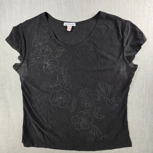 Bleeker & McDougal Beaded Floral Top Womens PL Black Short‎ Sleeve DOF-H9F38